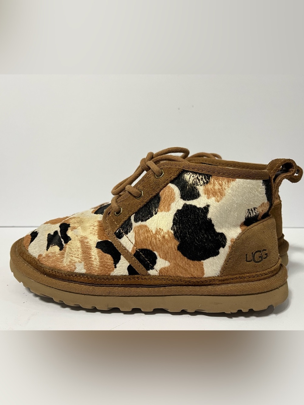 UGG NEUMEL COW PRINT CHESTNUT SUEDE SHEEPSKIN ANKLE WOMEN'S BOOTS SIZE US 8 - Picture 2 of 12